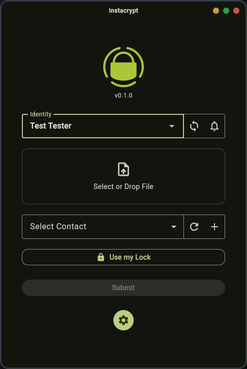 The Instacrypt app: pick an identity, drop in a file, choose a contact, submit.